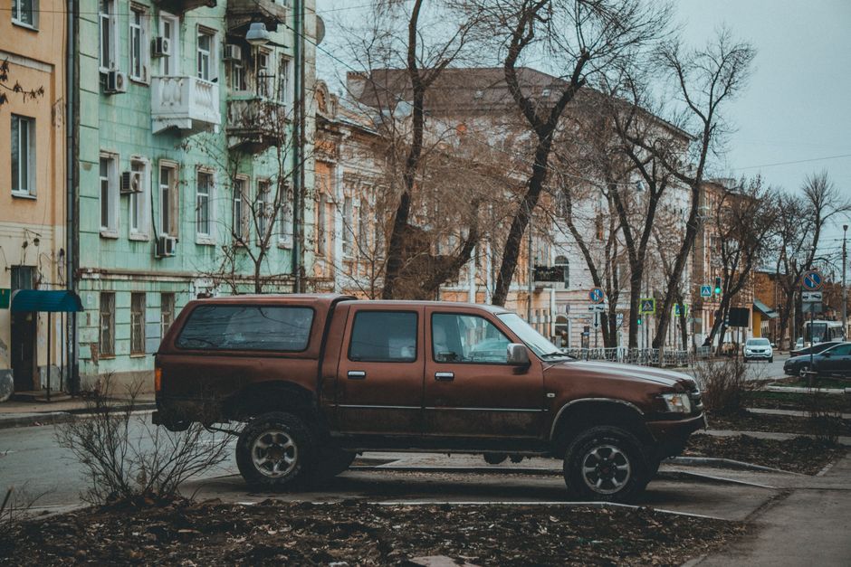 A pickup truck parked on a street